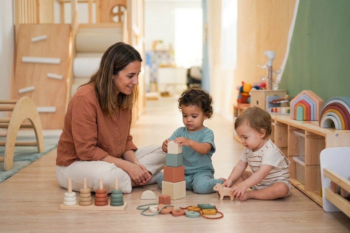 Cuidadora profesional con niños en el servicio Kids Care de Tribu House